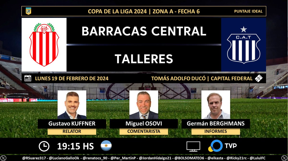 ⚽ #CopaDeLaLiga 🇦🇷 | #BarracasCentral vs. #Talleres 🎙 Relator: @GustavoKuffner 🎙 Comentarista: @MiguelOsovi 🎙 Informes: @gbgerman 📺 @TV_Publica 🇦🇷 🤳 #FútbolATP - @PrensaTVP Dale RT 🔃