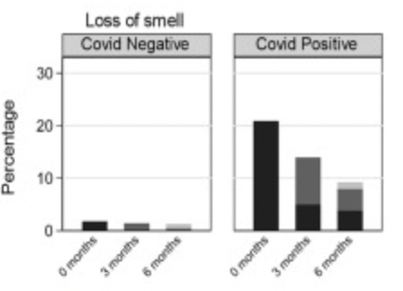 dgurdasani1's tweet photo. Still fascinated by the reporting of the CloCK study of LC in children. Here's just one symptom- loss of smell showing high prevalence in the COVID positive grp at 3 &amp; 6 months. Reported as:
"The prevalence of loss of smell declined from 21% to 5% at 3 months and 4% at 6 months" https://t.co/7IfR4dMR8k