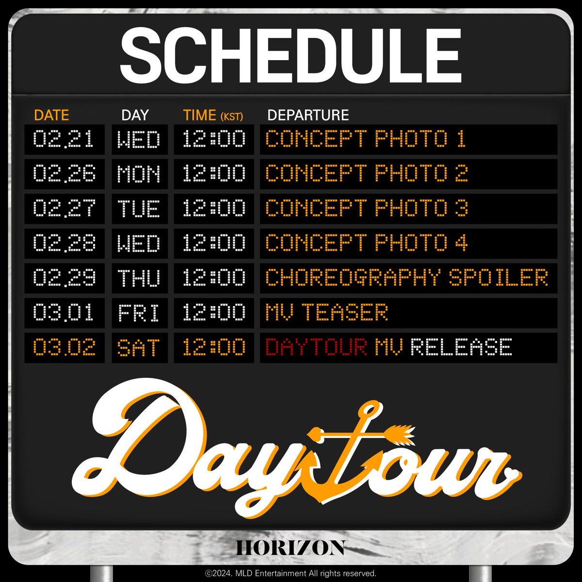 🚢 HORI7ON 1ST SINGLE 'DAYTOUR' SCHEDULE 🗓 To all passengers, our DAYTOUR will now begin sailing soon. Please board on the ship quickly. Thank you so much. #HORI7ON #호라이즌 #DAYTOUR #VoyageToAnchor