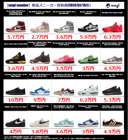 magi_sneaker's tweet photo. 【Magi Kicks原宿】
 本日の買取スニーカー一覧です。
 サイズによって金額は異なります。  
 新品でも目立つ傷等がある場合は減額させて頂くことがあります。 

 #MagiKicks原宿 #MagiKicks #magi_sneaker #スニーカー買取 https://t.co/IVd9l87BFk