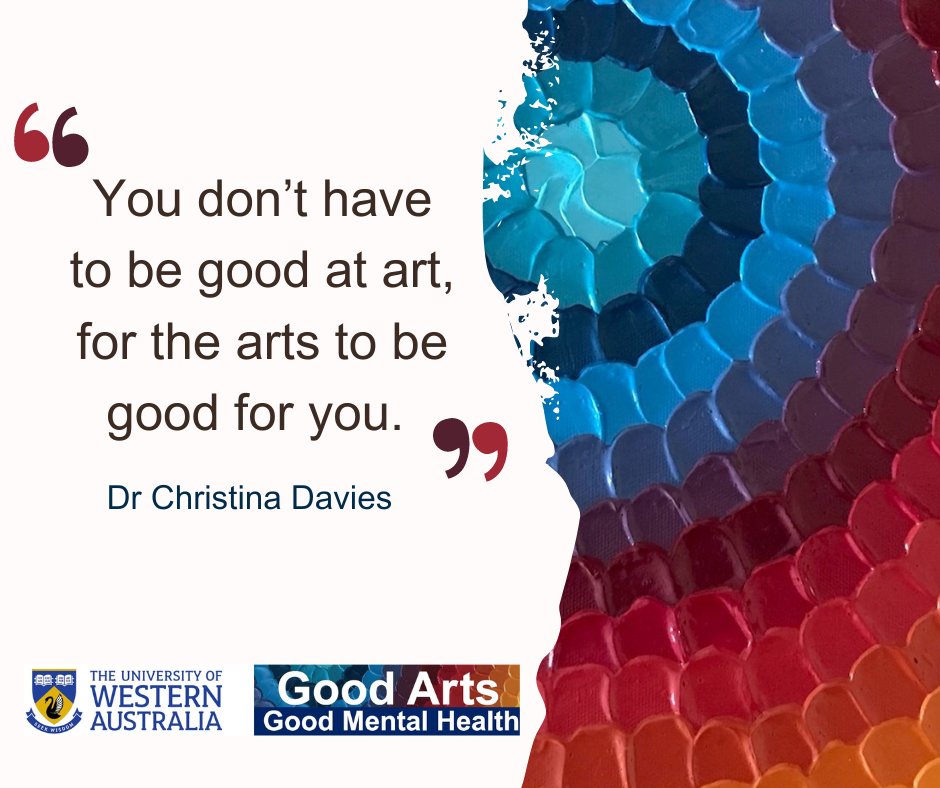 Good Arts Good Mental Health Project (@artshealthwa) on Twitter photo Good Arts Good Mental Health Project. "You don't have to be good at art, for the arts to be good for you." Dr Christina Davies #gagmh #goodartsgoodmentalhealth #arts #mentalhealth #happy #uwa #mentalwellbeing #wellness <a href="/DrCDavies/">Christina Davies</a> goo.gl/6usL8H bit.ly/ArtAgeWell Good Arts Good Mental Health Project. "You don't have to be good at art, for the arts to be good for you." Dr Christina Davies #gagmh #goodartsgoodmentalhealth #arts #mentalhealth #happy #uwa #mentalwellbeing #wellness <a href="/DrCDavies/">Christina Davies</a> goo.gl/6usL8H bit.ly/ArtAgeWell