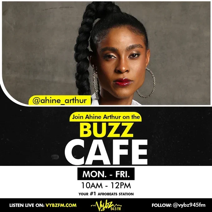 vybz945fmlagos's tweet photo. Grab your cup of coffee and tune in to #BuzzCafe! @Ahine_arthur is ready to serve you the hottest entertainment gossip, trending topics, and infectious tunes from 10am to 12pm. Get ready for a buzzing time! #BuzzCafe #vybz945fmlagos https://t.co/OaiHUrfn2w