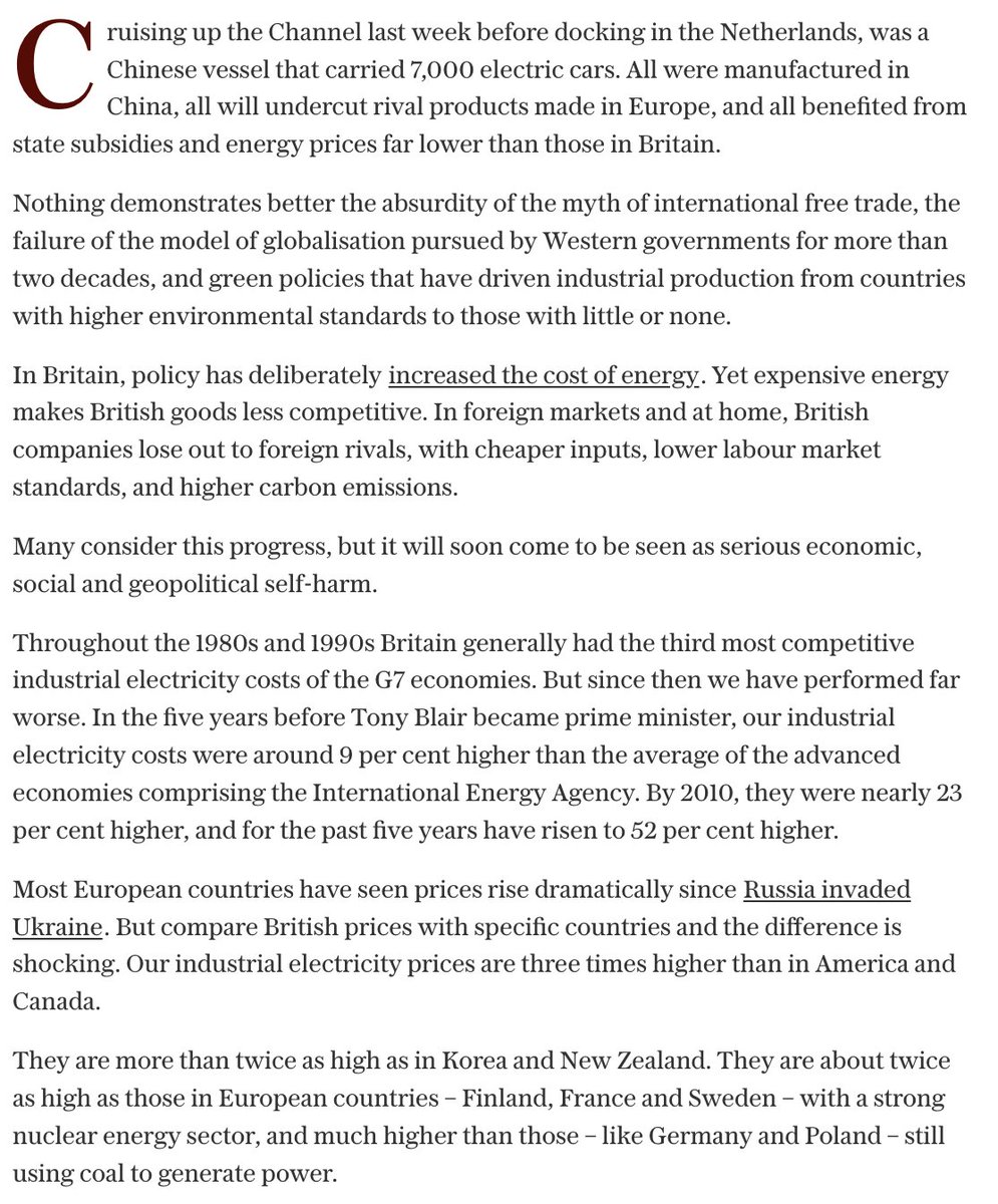 NJ_Timothy's tweet image. Higher energy costs mean industrial production transfers to countries with little or no environmental standards. My column today is how we need to get real about the net zero target - and the myth of international free trade: telegraph.co.uk/news/2024/02/1…