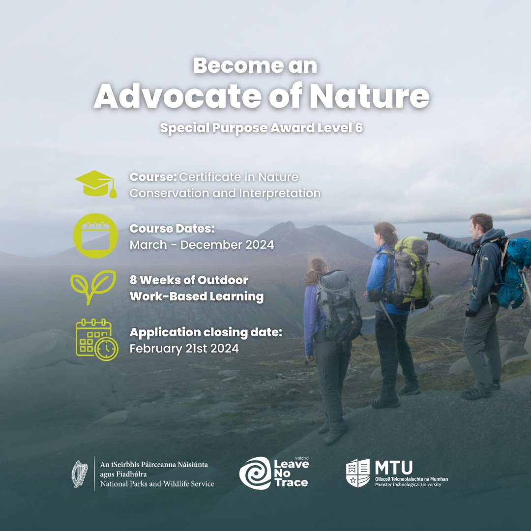 Thinking of up-skilling in a new field? The Level 6 Special Purpose Award is perfect for anyone considering moving to the world of conservation, ecology & sustainability 🌿 ✍️ Deadline Wednesday! leavenotraceireland.org/the-certificat… Brought to you by The NPWS, @MTU_ie & @leavenotraceirl 💚