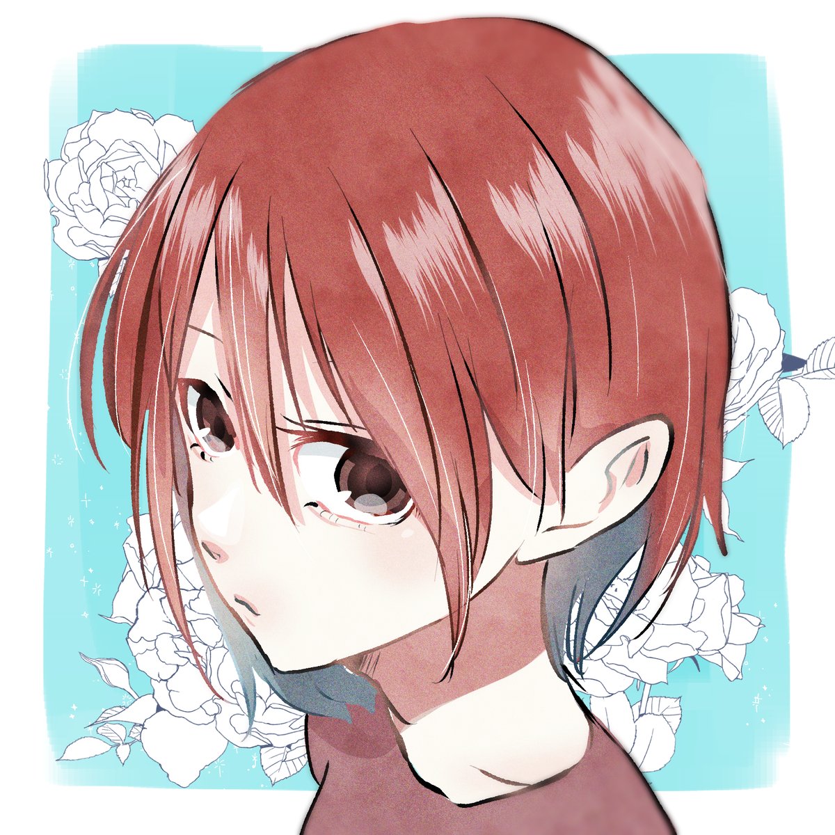 solo 1girl short hair looking at viewer red hair shirt flower  illustration images