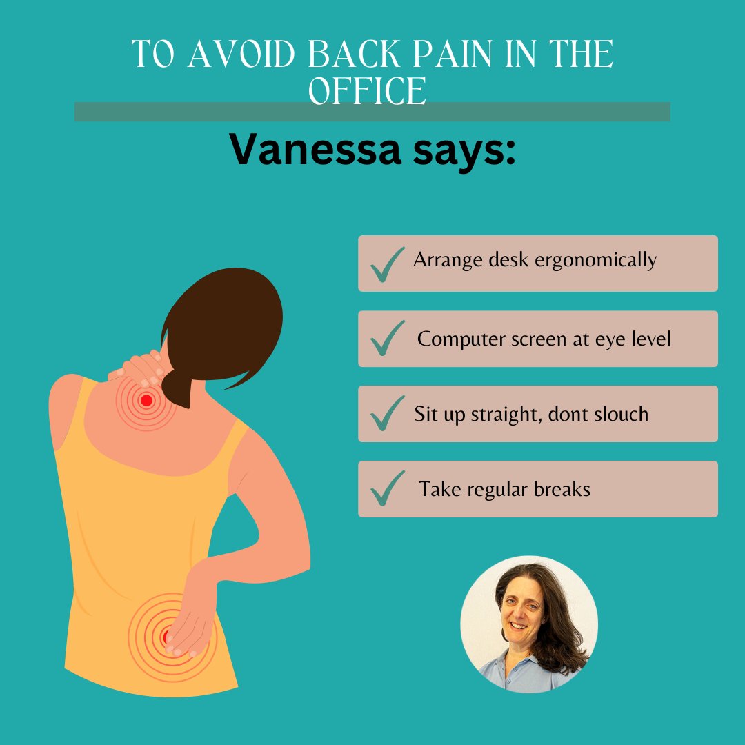 Bodyfix_clinic's tweet photo. Here are some suggestions help reduce neck or back pain. Vanessa suggests setting up your desk properly, have your screen at eye height, sit up straight and try not to slouch and take regular breaks. https://t.co/fNfUerIGEg