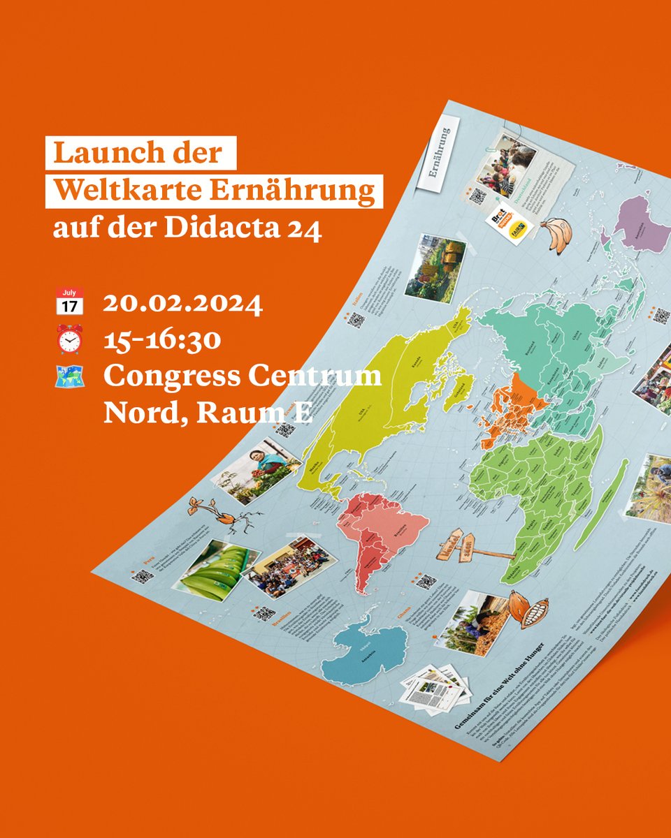 Morgen startet die #Didacta24 in #Köln. 

Passend dazu präsentieren wir euch unsere neue Weltkarte Ernährung, die wir gemeinsam mit @fairtradede entwickelt haben.

📅  20.02.24
⏰  15–16:30
📍    Congress Centrum Nord, Konferenzraum E

#Didacta #DidactaKoeln #Fairbruary