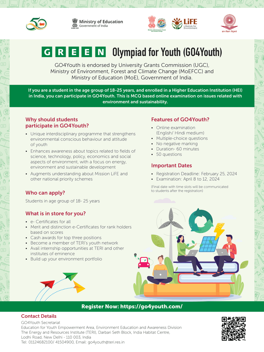 If you are a student aged 18-25 years, do participate in GO4Youth Olympiad (Green Olympiad for Youth). Step into your role in environmental and sustainability issues. 👉🏼Registration Deadline: 25th February, 2024 👉🏼Examination: 8th to 12th April, 2024