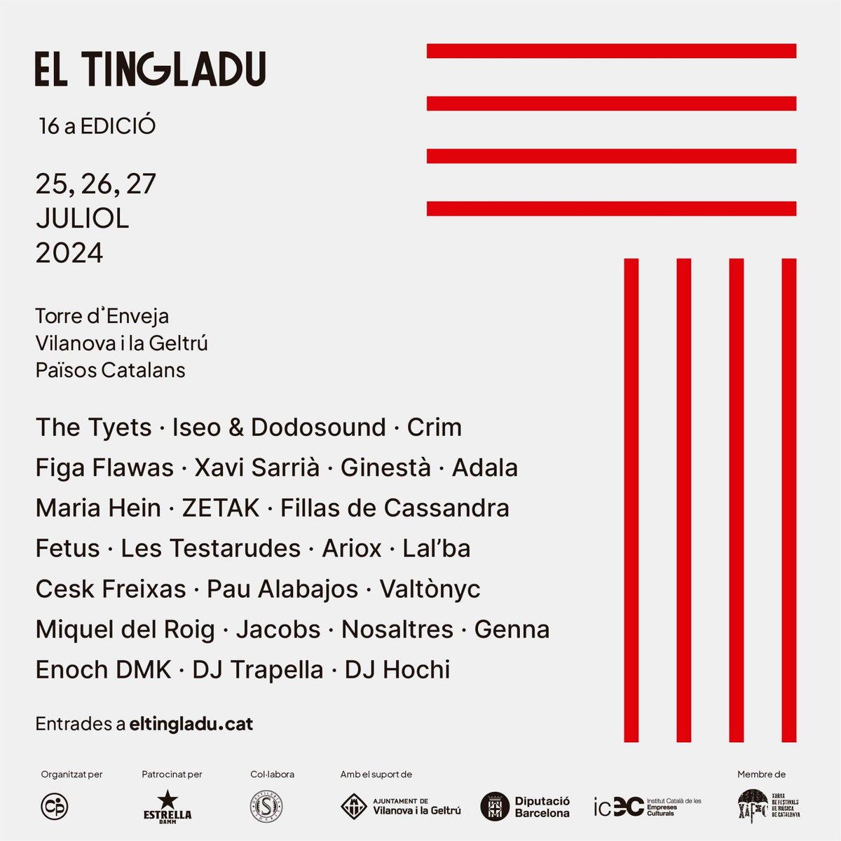 eltingladu's tweet image. THE TYETS, ISEO &amp;amp; DODOSOUND, CRIM, FIGA FLAWAS I 20 GRUPS MÉS A EL TINGLADU 2024 🎉

El festival de Vilanova i la Geltrú celebrarà la setzena edició els dies 25, 26 i 27 de juliol 🌞
