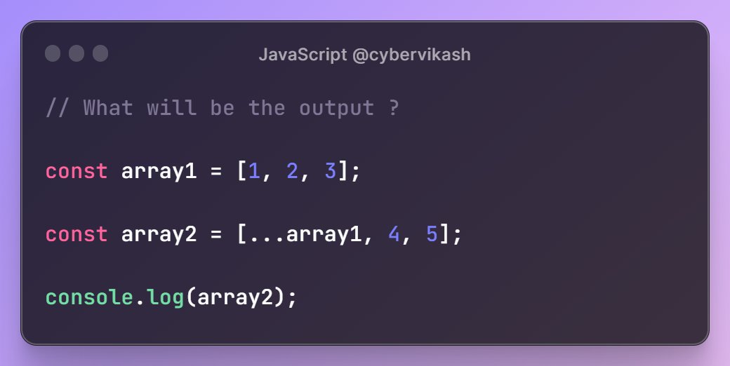 🚨Calling all JavaScript experts!🚨

What will be the output.......?

#JavaScript #CodingChallenge #Coding #OutputQuestion #ProgrammingTrivia #TechQuiz