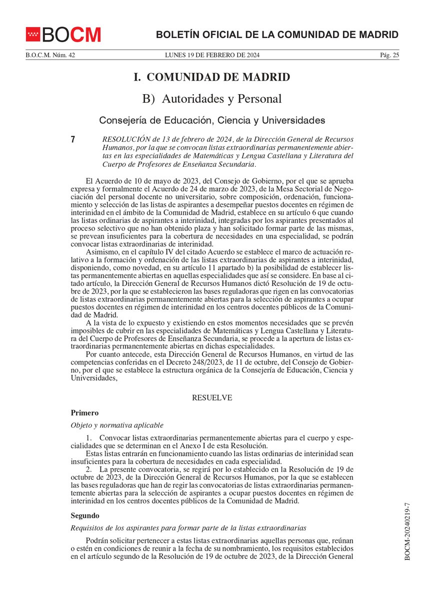 ‼️CCOO INFORMA‼️

Listas extraordinarias permanentemente abiertas
📄RESOLUCIÓN de 13 de febrero de 2024, de la Dirección General de Recursos Humanos, por la que se convocan listas extraordinarias permanentemente abiertas en las especialidades de Matemáticas y Lengua Castellana y