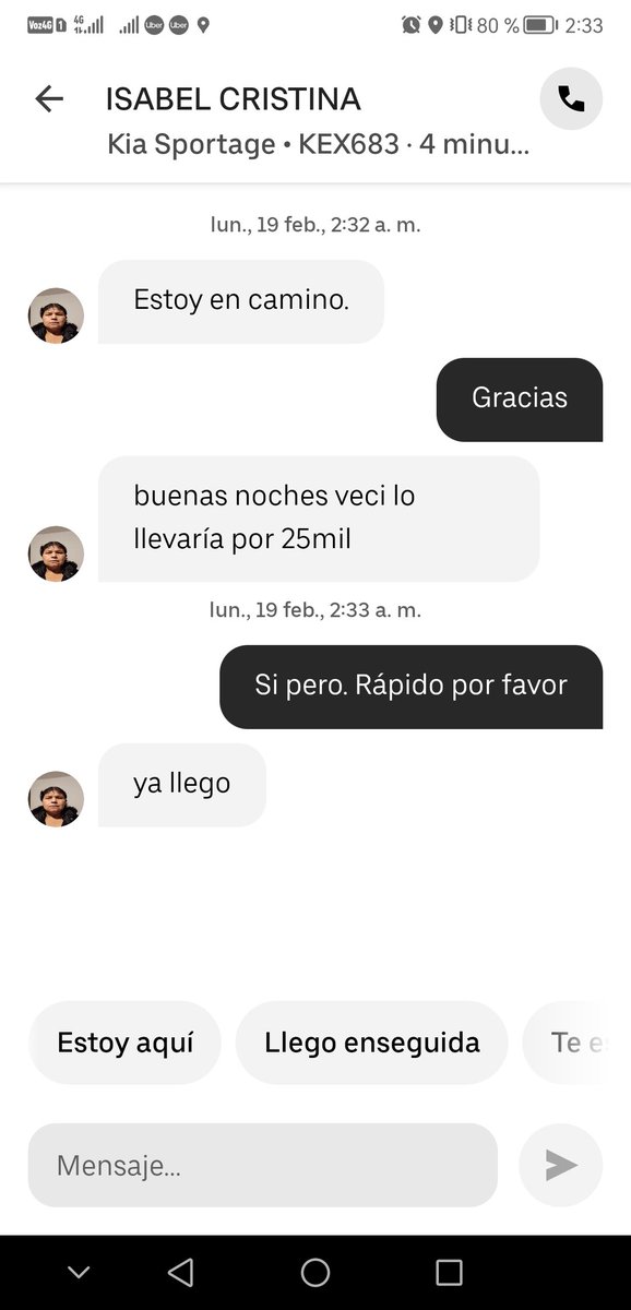 24Jralejo's tweet photo. @Uber_Col ahora los conductores no respetan las tarifas que pone la aplicación, escriben por interno y las aumentan. He puesto varios mensajes y nunca obtengo respuesta. El servicio debe aceptarse por necesidad pero es injusto que no tengan control de sus tarifas. https://t.co/KpajaNhWUO
