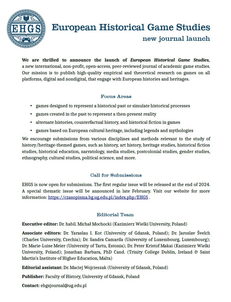 For everyone doing research within historical games research (in a European context), there is a new journal: the European Historical Game Studies journal!

Go check it out here: czasopisma.bg.ug.edu.pl/index.php/EHGS