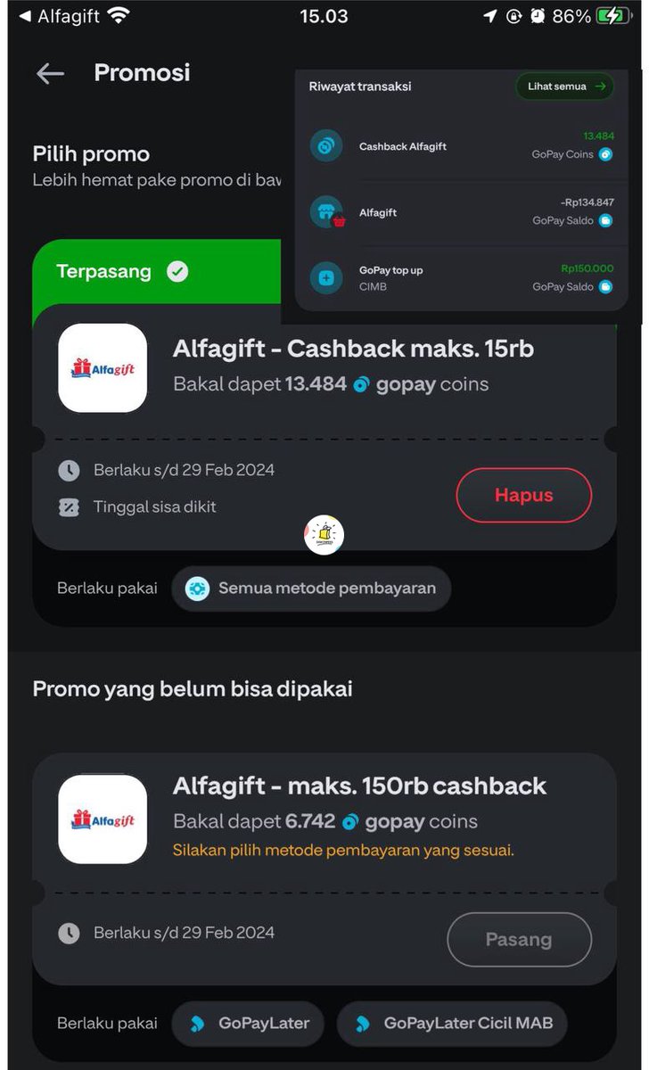 Df makasi yg dah bagi info 😭🙏🏻 bayar tagihan nominal kecil-besar via ALFAGIFT payment gopay nanti direct ke app GOPAY otomatis vocer cb nyantol. Buruan sblm keabisan cb, worot ini 🔥🔥