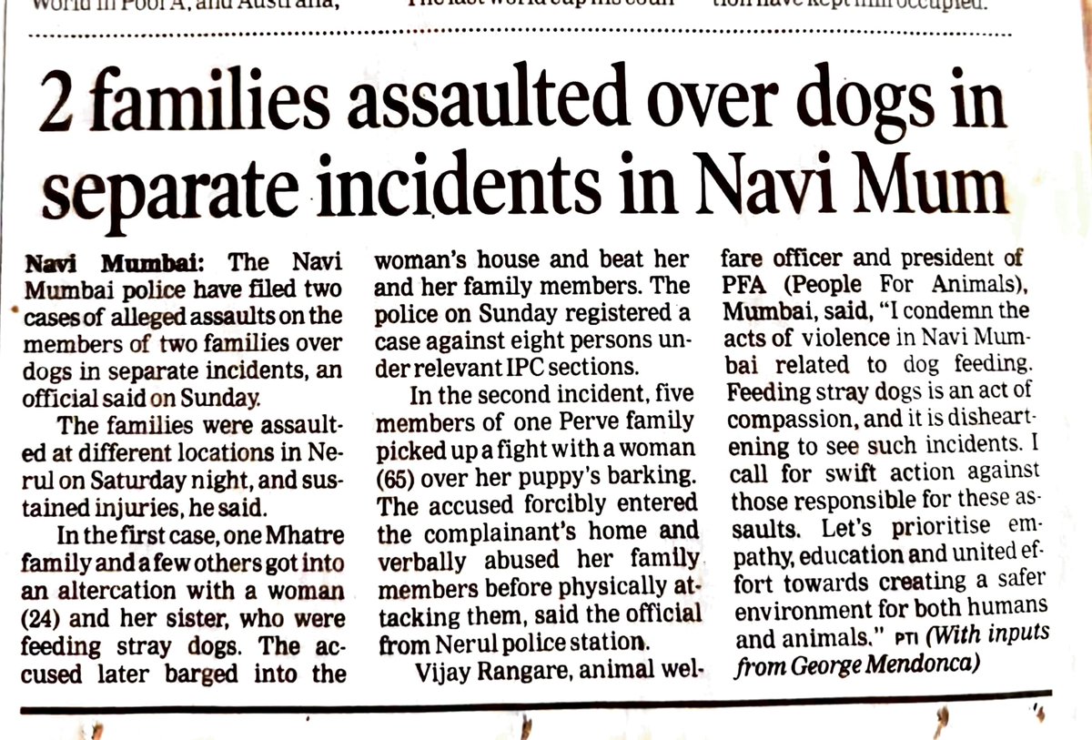 I strongly condemn the acts of violence in Navi Mumbai related to dog feeding. Feeding stray dogs is an act of compassion, and it's disheartening to see incidents of violence arising from it.
<a href="/Navimumpolice/">नवी मुंबई पोलीस - Navi Mumbai Police</a> <a href="/timesofindia/">The Times Of India</a> <a href="/pfaindia/">People For Animals India</a> <a href="/UNHumanRights/">UN Human Rights</a>
