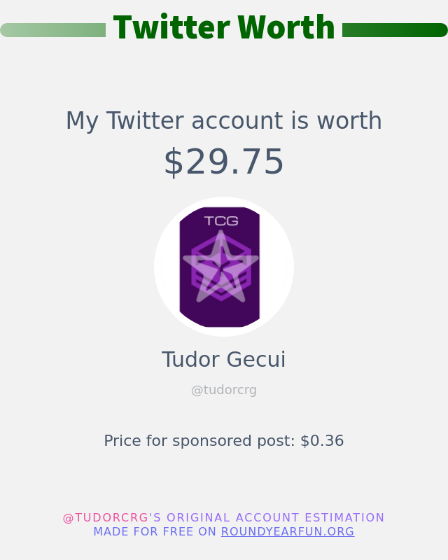 My Twitter worth is: $29.75

➡️ funxgames.me/twitterworth