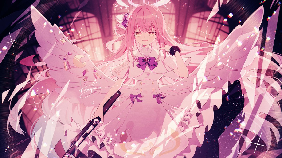 mika (blue archive) 1girl pink hair weapon gun wings solo submachine gun  illustration images