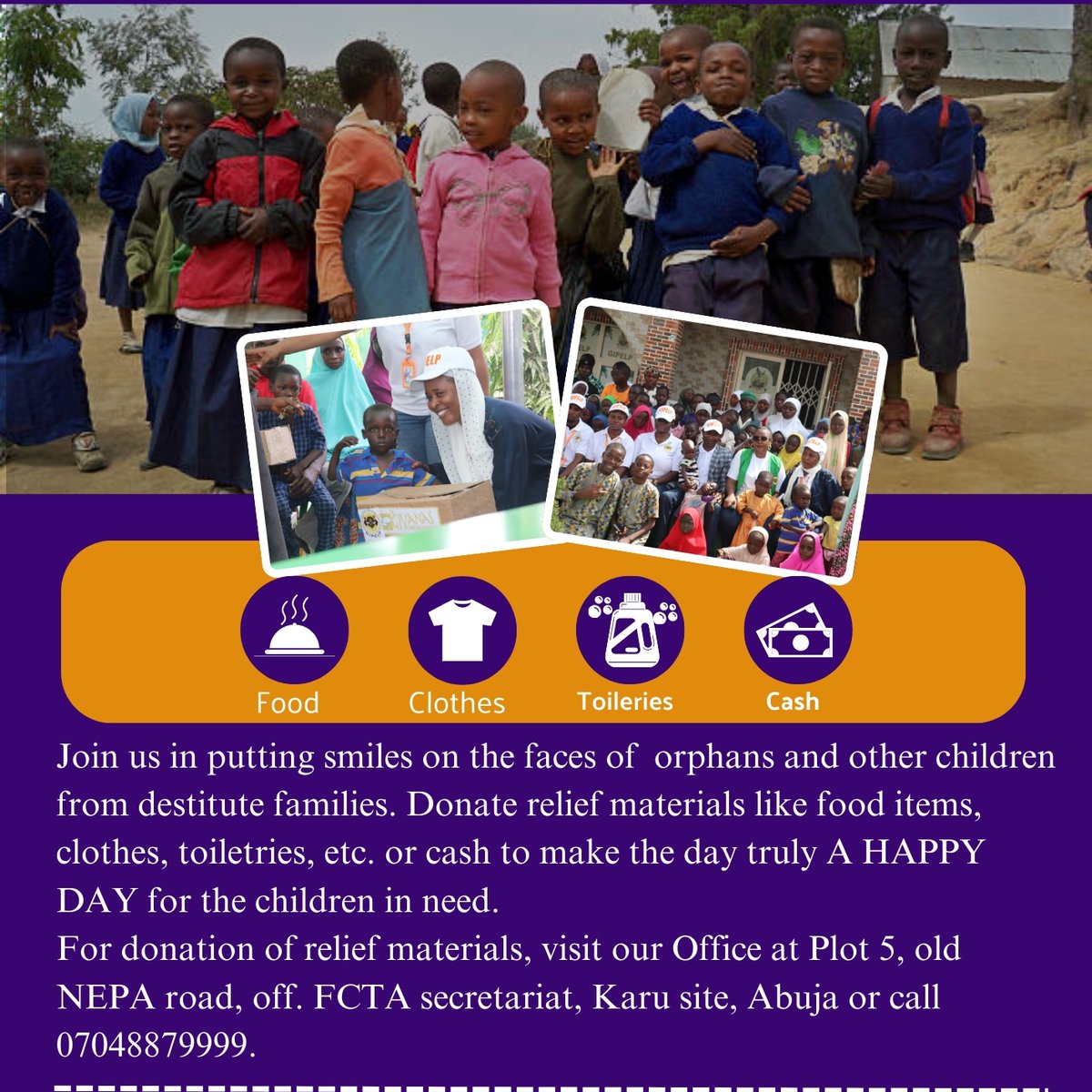 GipelpHQ's tweet photo. Spread love to the less privileged and orphans by donating neatly used clothing, food items, household items, toiletries, and any other assistance you are willing to render. Put smiles on faces today. 

#Hope #Mercy #AbujaTwitterCommunity #ServiceToGodAndHumanity #GIPELP https://t.co/YRM3dHD05s