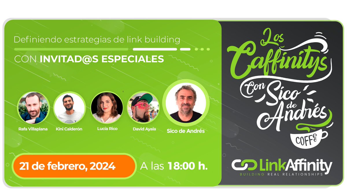 sicodeandres's tweet photo. Nos vemos este miércoles 21 a las 18:00h en los Caffintys de Link Affinity definiendo estrategias de Link building.  Con: @luciayelseo  @soywebmaster @KiniCalderon y @rafavillaplana  Apúntate!!! https://t.co/M0Wp5c9ThA https://t.co/Kai22iF44X