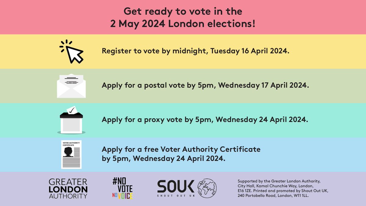 Are you ready for the 2 May 2024 Mayor of London and London Assembly elections?

Here are some key deadlines to register to vote, apply for postal or proxy voting, or to get the free Voter Authority Certificate.

Share this and check registertovote.london #NoVoteNoVoice