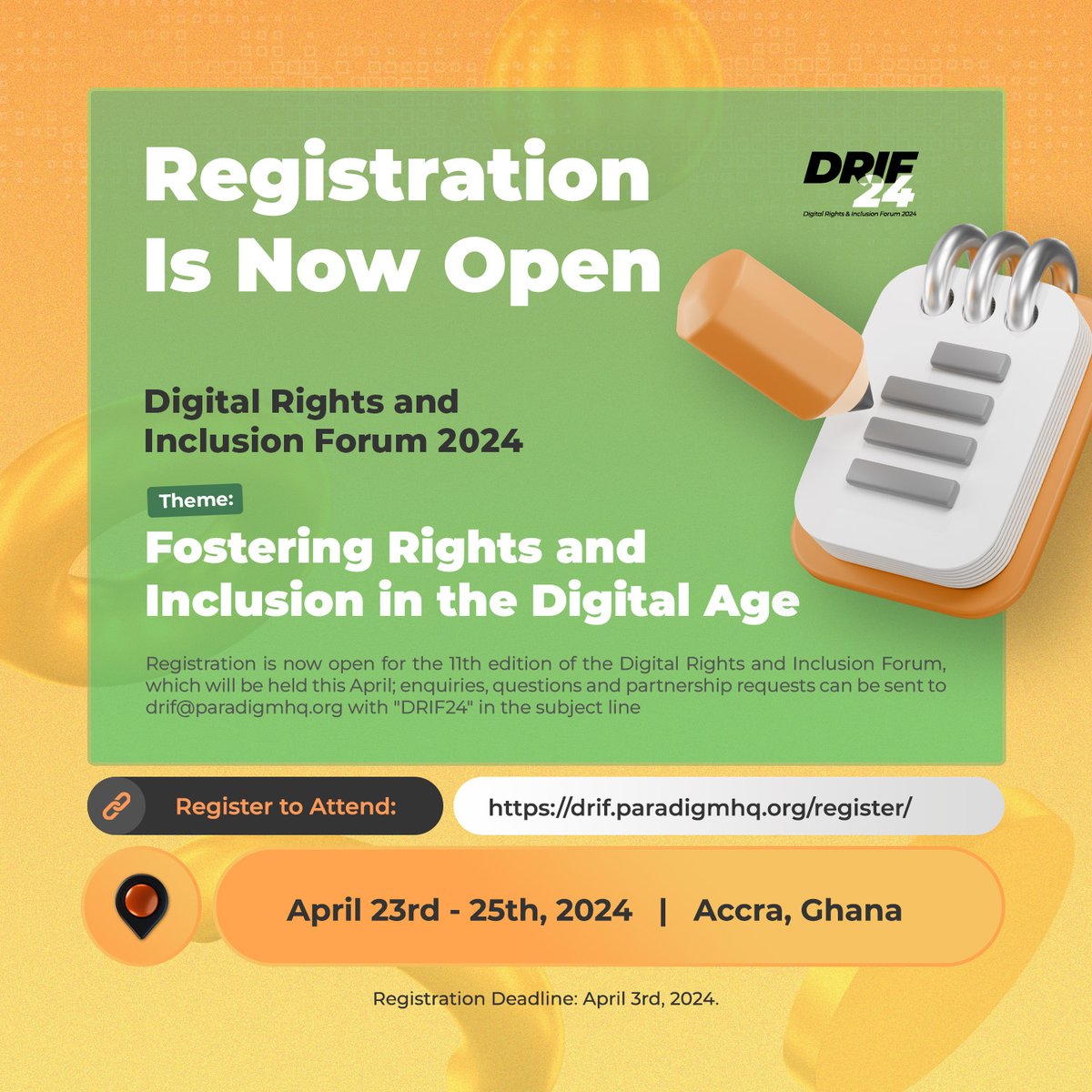 DRIF24 registration is now open! Register for our 2024 Digital Rights and Inclusion Forum (DRIF24) planned for Accra, Ghana from April 23rd to 25, 2024. #DRIF offers a forum where discussions on digital rights, inclusion, and policy are shaped, policy trajectories are…