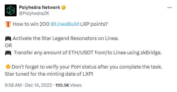 siyue930's tweet photo. #不定期整理帖
#linea LXP
linea新的活动月明天开始啦！
对比了屎大颗，才发现linea这种明牌任务给奖励不用猜来猜去的简直是伟光正。
如果你还没有开始做linea，可以从现在开始补。

新的活动开始后，会在本帖评论区更新教程。

☑️获得LXP的前提，要完成POH。
https://t.co/TBsjRYPzs8
需要A组完成一个验证，B组完成两个。以前完成需要15U左右费用，现在我刚看了一下竟然降价了！！！

A组的可以通过KYC、币安或者OKX的账号认证、gitcoin 护照分数等来验证。
获得了内测1-4级NFT的地址可以直接完成A组的验证。

B组的除了Openid3可以用谷歌邮箱验证，orange可以用brightid验证之外，其他的验证都需要看链上的行为，甚至需要twitter验证。
新号是比较难完成验证的，所以截止发文，LXP的持仓地址只有五十多万。

⭐️👉目前可以赚LXP的任务
https://t.co/QgFWhka9yb
从linea跨进或者跨出任何数量的ETH/USDT，本月22日截止,可以获得200 LXP。
跨链费用在2U左右，还没有ETH余额的账号可以从zk的跨链开始准备啦！
发放LXP的时间不详，但linea会提前通知，如果起新号的记得在发之前完成POH。