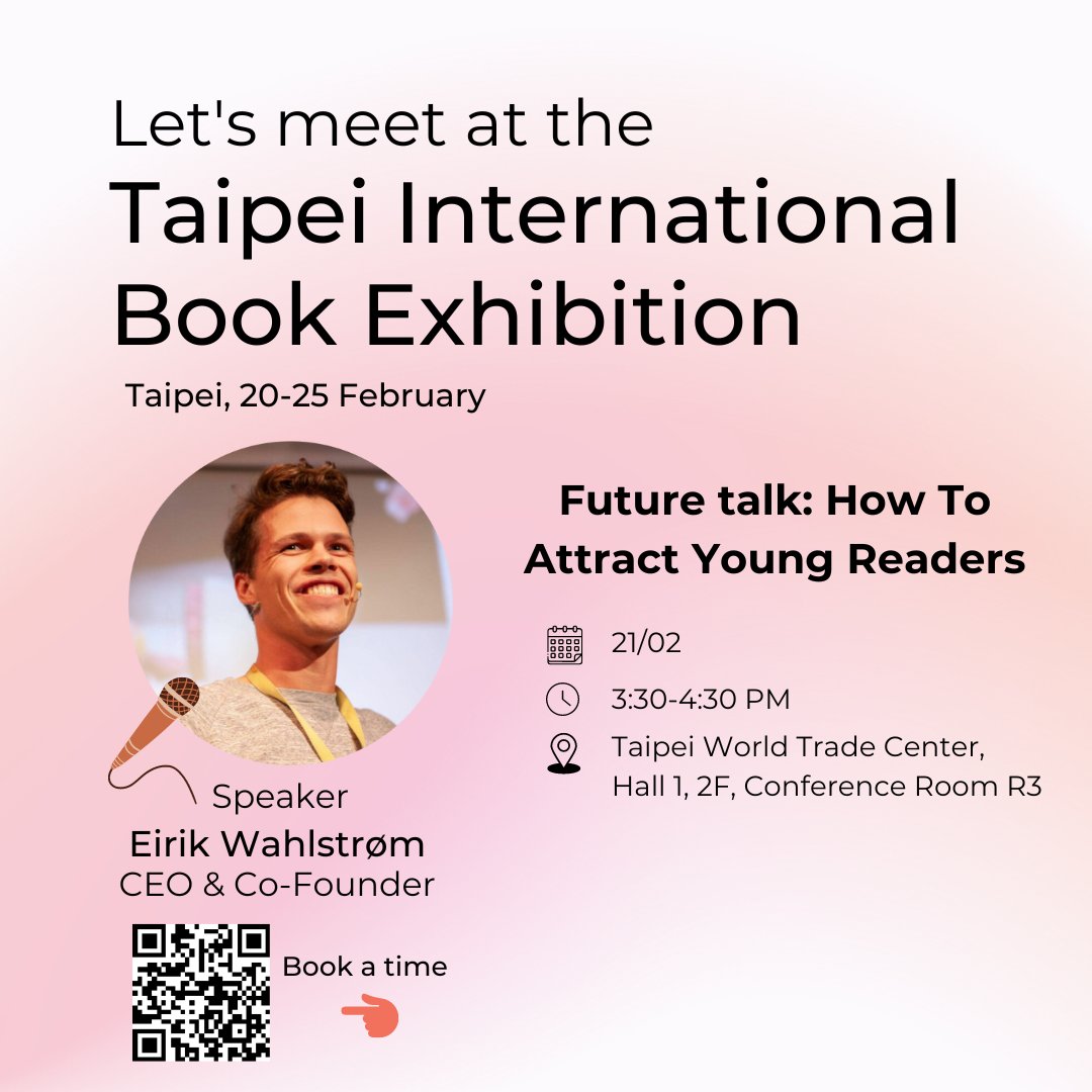 🌟 Ludenso Takes Taipei! 📚✨ Eirik Wahlstrøm, our CEO, is ready to inspire as a speaker at the Taipei International Book Exhibition 🎤 'Future talk: How to Attract Young Readers' 🗓️ 21.02 | 15:30-16:30 📲 Excited about AR in books? Meet Eirik! Book here: shorturl.at/hiozW