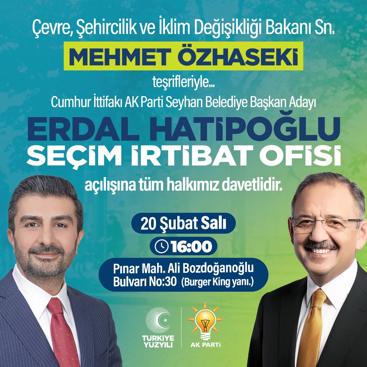 ErdalHatipolu01's tweet photo. Seyhan’a Sözümüz Var!

Çevre Şehircilik ve İklim Değişikliği Bakanı’mız Sayın Mehmet Özhaseki’nin teşrifleriyle gerçekleştireceğimiz 
Seçim Koordinasyon Merkezi’mizin açılışına tüm gönüldaşlarımızı bekliyoruz.

📅 20 Şubat Salı
⏱️ 16:00
📍 Pınar Mahallesi Ali Bozdoğanoğlu Bulvarı No:30