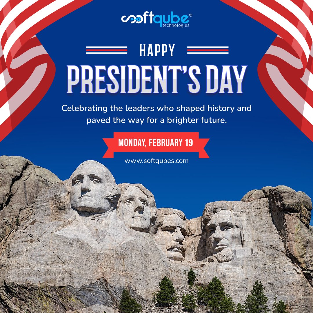 Happy President's Day! This #presidentsday, @Softqube honors the visionary leaders who have shaped the #unitedstates with their unwavering commitment to democracy, freedom, and innovation. 🇺🇸 #presidentsday #leadership #innovation #SoftqubeTechnologies