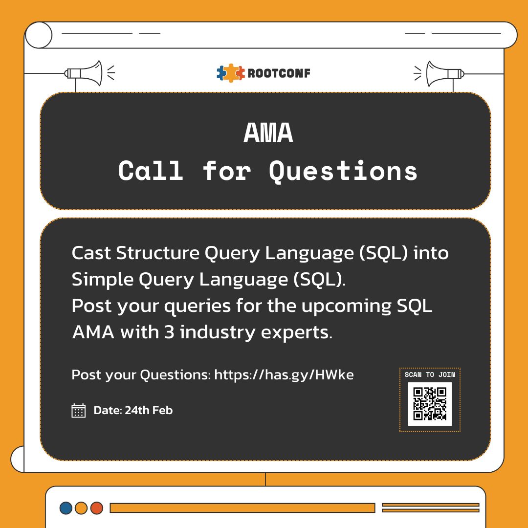 rootconf's tweet image. Turn Structure Query Language (SQL) into Simple Query Language (SQL)

Post your Questions for the upcoming SQL AMA: buff.ly/3UABtVj

#AMA #SQL #SchemaDesign #CallForQuestions