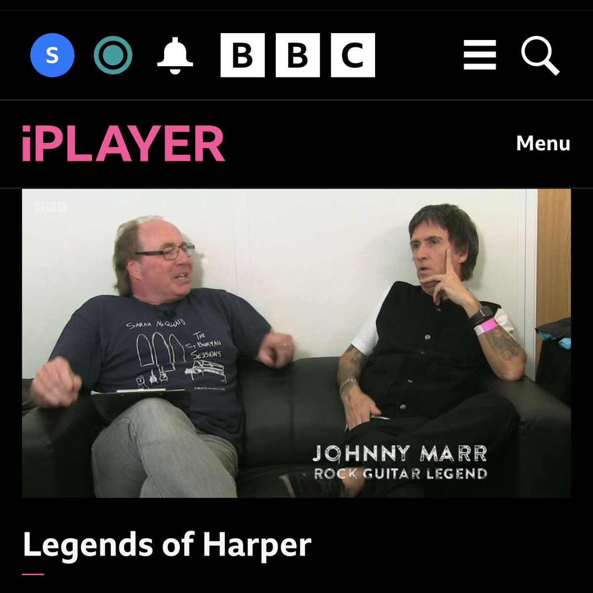 sarahmcquaid's tweet photo. Omigod! (Yes, 2nd omigod in less than a week, but I feel it’s warranted). Thrilled that my great friend & longtime supporter #ColinHarper is subject of a @BBCTwo #TVdocumentary — & even more thrilled to see the t-shirt he’s wearing while chatting w/the great #JohnnyMarr! It -> https://t.co/tHxLH0zyJd