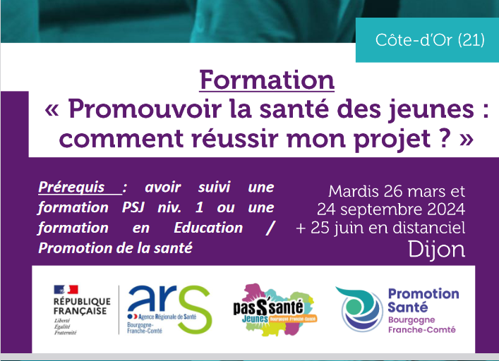 #FORMATION "Promouvoir la santé des jeunes : comment réussir mon projet ?"
👉🏽Concevoir, animer et évaluer une action d’éducation pour la santé sur un thème du Pass’ Santé Jeunes.  Dates : 26/03 et 24/09 2024  
Lieu : Dijon
Programme et inscription promotion-sante-bfc.org/se-former/mett…