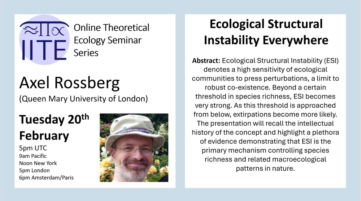 📢Join us tomorrow for our next online seminar: Axel Rossberg (QMUL) will discuss: ⭐️Ecological Structural Instability Everywhere⭐️ Details and Zoom link: iite.info/seminar/ Global times: timeanddate.com/worldclock/fix… See you there - as ever it is free and open to all!