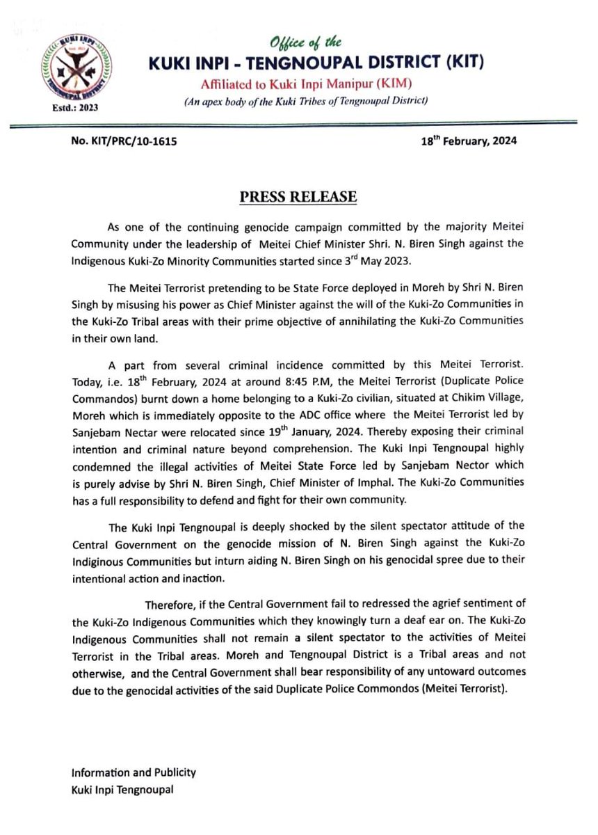 Sumkawn's tweet photo. #Manipur
FRESH ARSON IN MOREH

The Kuki Inpi Tengnoupal condemns one #Kuki_Zo house burnt down at Chikim Village, Moreh on Feb.18, alleging the involvement of Meitei Police commando in this arson.

The state media houses are turning a blind eye to this incident
#ManipurViolence
#SaveMoreh 

@IndiaTodayNE @NELiveTV @NENowNews @EastMojo @Nagaland_Post @morungexpress05 @MIB_India @HMOIndia @PMOIndia