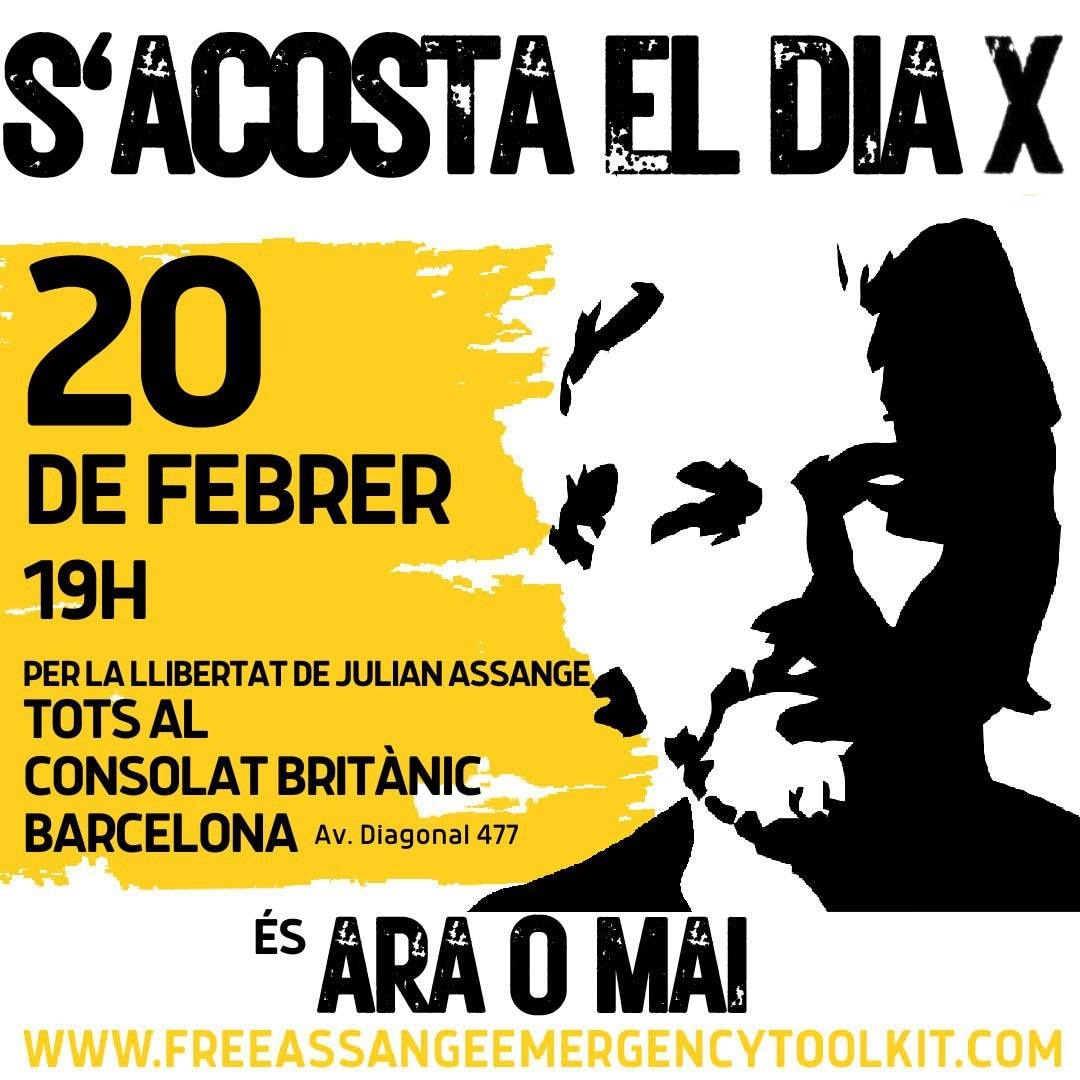 Demà tothom davant del Consolat Britànic per exigir l'alliberament de #JulianAssange, defensor dels DDHH, la llibertat de premsa i la independència de Catalunya. #FreeAssangeNow 🗓️ 20 de febrer 🕖 A les 19 h 📍 Av. Diagonal, 477, Barcelona