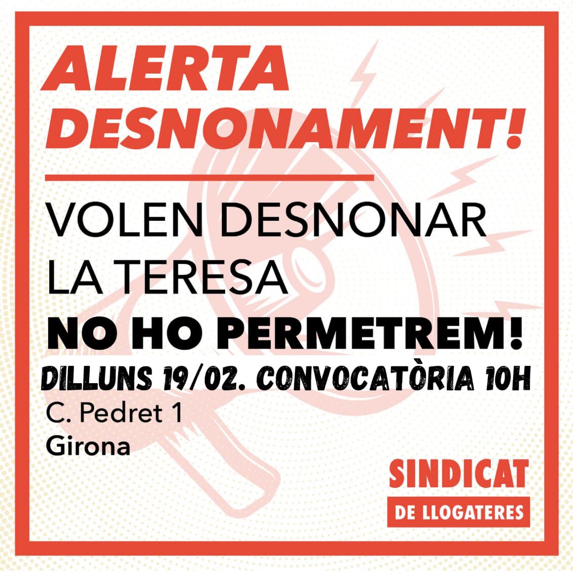 ALERTA DESNONAMENT 🔴

Desnonen a la Teresa del Barri Vell a les 10h AVUI! Tothom a Carrer Pedret, 1 a les 10h!✊