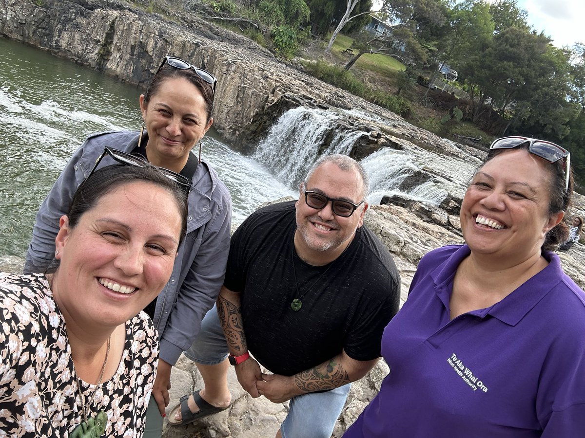 💜 An amazing day of experiences across Tai Tokerau. To finish the day, a moment to reflect at Haruru Falls with my office. The people who keep me organised, on time and safe when I have no boundaries to say no! Love my mahi at Te Aka Whai Ora Māori Health Authority 💜