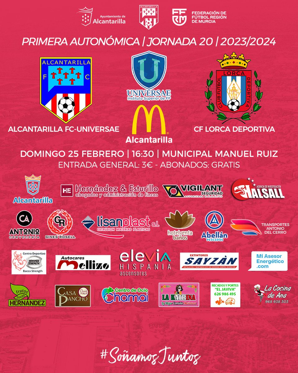 𝐏𝐑𝐈𝐌𝐄𝐑𝐀 𝐀𝐔𝐓𝐎𝐍𝐎𝐌𝐈𝐂𝐀

🏆 Jornada 20
🆚 CF Lorca Deportiva
🏟️ Mpal. Manuel Ruiz
📅 Domingo 25 Febrero
⏰ 16:30

⭐️<a href="/_universae/">UNIVERSAE</a>

#SoñamosJuntos ❤🤍