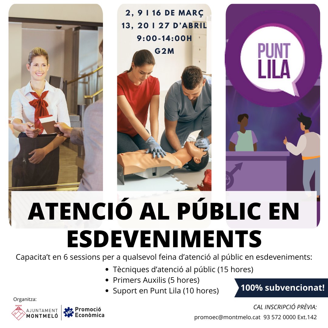 ❓Capacita't per treballar en esdeveniments com auxiliar de control d'accessos, atenció al client, suport en Punts Lila en esdeveniments esportius, culturals, concerts, convencions i festivals? Inscriu-te a: ✉️promoec@montmelo.cat ☎️93 572 00 00 (ext142)