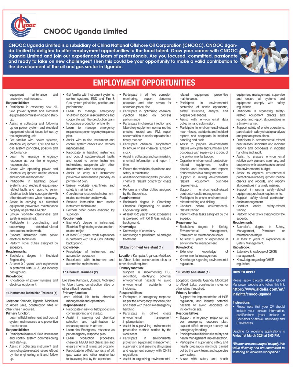 JOBS @CNOOCUgandaLtd 1. Production Operations Engineer 2. Production Technology Engineer 3. Well Performance Test Engineer And many more including 40+ entry-level positions!!!! Apply through: aldelia.com/en/insights/cn… Deadline: 5:00 PM Fri 1st March 2024