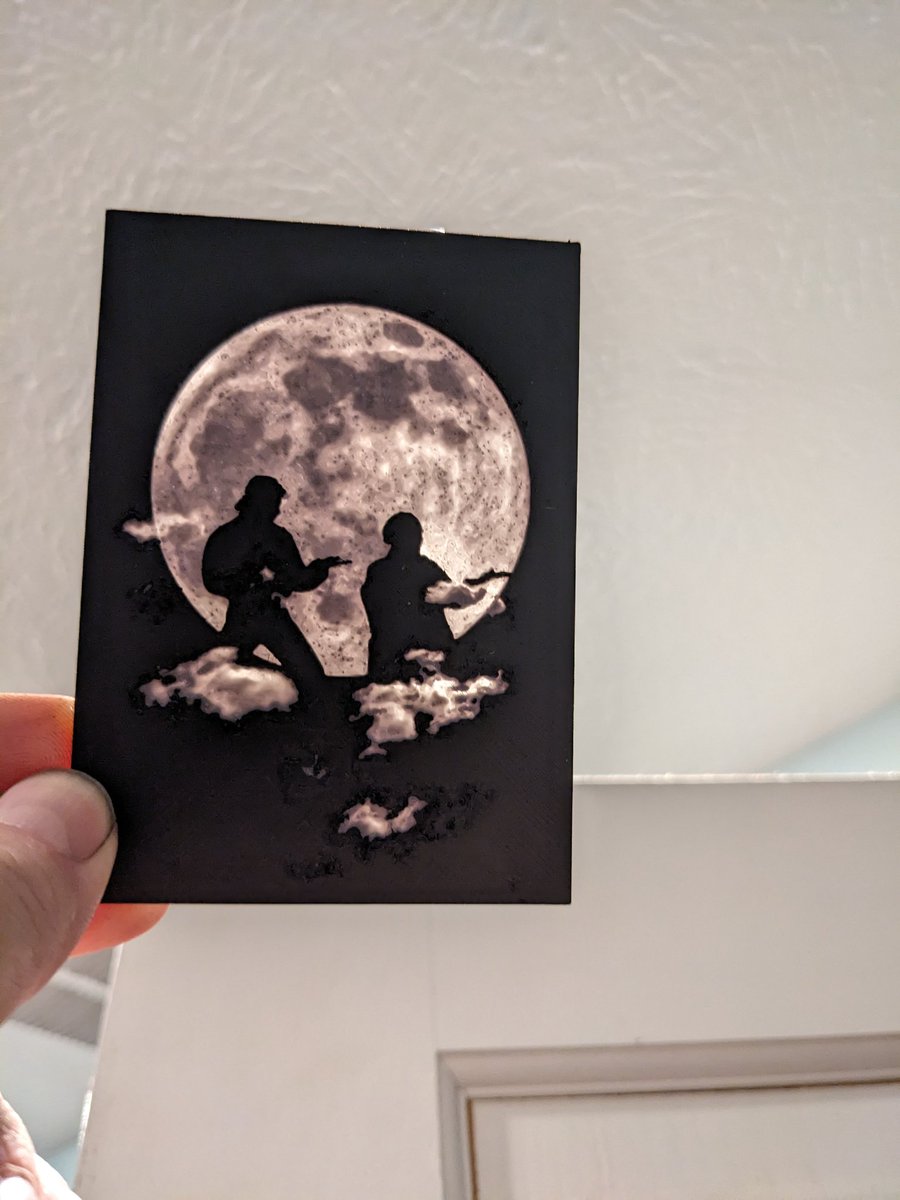 VectorRoll's tweet photo. 1st attempt at a lithophane with #HueForge &amp; in general.
Lost some edge detail scaling it down, especially on people &amp; clouds but still looks ok holding it up to a light.
I particularly 💙 how the 🌕 turned out.
#3DPrinted on #QIDITech #XSmart3

Any guesses at who the people are? https://t.co/jk7HiLmPGS
