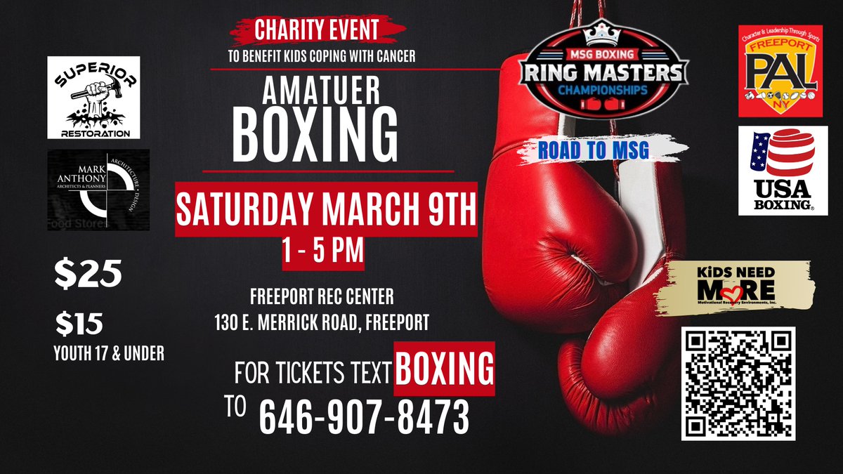 kidsneedMOREorg's tweet photo. Join us for an electrifying afternoon of amateur boxing at the Freeport Rec Center on Saturday, March 9th, from 1 to 5 PM. Experience the thrill of the sport while contributing to a noble cause.
#kidsneedmore #AmateurBoxing #charity #ringmasters #PAL #DoINGMoRE #fyp #donate https://t.co/75iHprGXYk