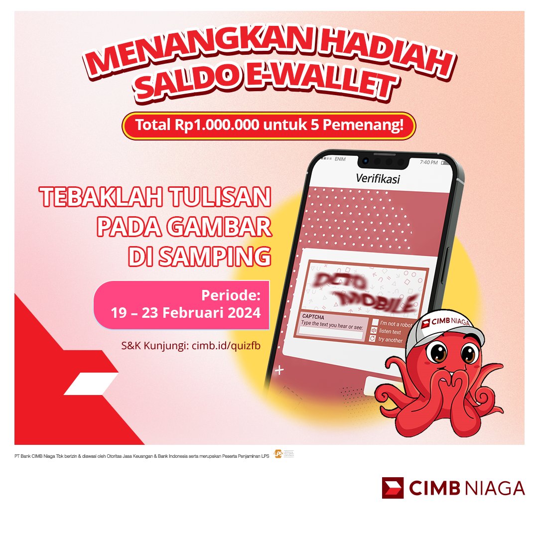 Ikuti Quiz dan dapatkan hadiah total Rp1.000.000 untuk 5 pemenang!✨

Cukup tebak tulisan yang ada pada gambar di atas dan jangan lupa mention teman kamu sebanyak-banyaknya dan ajak untuk follow sosial media CIMB Niaga🥰

Info lebih lanjut: cimb.id/quizfb
