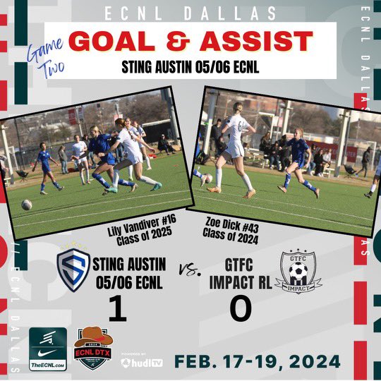 Sting Austin 05/06 ECNL U18/U19 (@stingaustin06) on Twitter photo <a href="/LilyVan_Soccer6/">Lillian Vandiver</a> was assisted in the game’s only goal by Zoe Dick! And our GK’s <a href="/kamilaguilar01/">Kamila Aguilar</a> and <a href="/samwalker_07/">Sam Walker</a> supported by our defense of <a href="/JennaKlabunde/">Jenna Klabunde</a> <a href="/KayleeHumble7/">Kaylee Humble</a> <a href="/juliaramsey24/">Julia Ramsey</a>, Zoe, and <a href="/MaisenDubrule/">Maisen Dubrule</a> gave us the CLEAN SHEET!!! <a href="/ImYouthSoccer/">ECNL/GA/Recruiting/College Soccer</a> <a href="/ImCollegeSoccer/">College Soccer Truth ™</a> <a href="/LilyVan_Soccer6/">Lillian Vandiver</a> was assisted in the game’s only goal by Zoe Dick! And our GK’s <a href="/kamilaguilar01/">Kamila Aguilar</a> and <a href="/samwalker_07/">Sam Walker</a> supported by our defense of <a href="/JennaKlabunde/">Jenna Klabunde</a> <a href="/KayleeHumble7/">Kaylee Humble</a> <a href="/juliaramsey24/">Julia Ramsey</a>, Zoe, and <a href="/MaisenDubrule/">Maisen Dubrule</a> gave us the CLEAN SHEET!!! <a href="/ImYouthSoccer/">ECNL/GA/Recruiting/College Soccer</a> <a href="/ImCollegeSoccer/">College Soccer Truth ™</a>