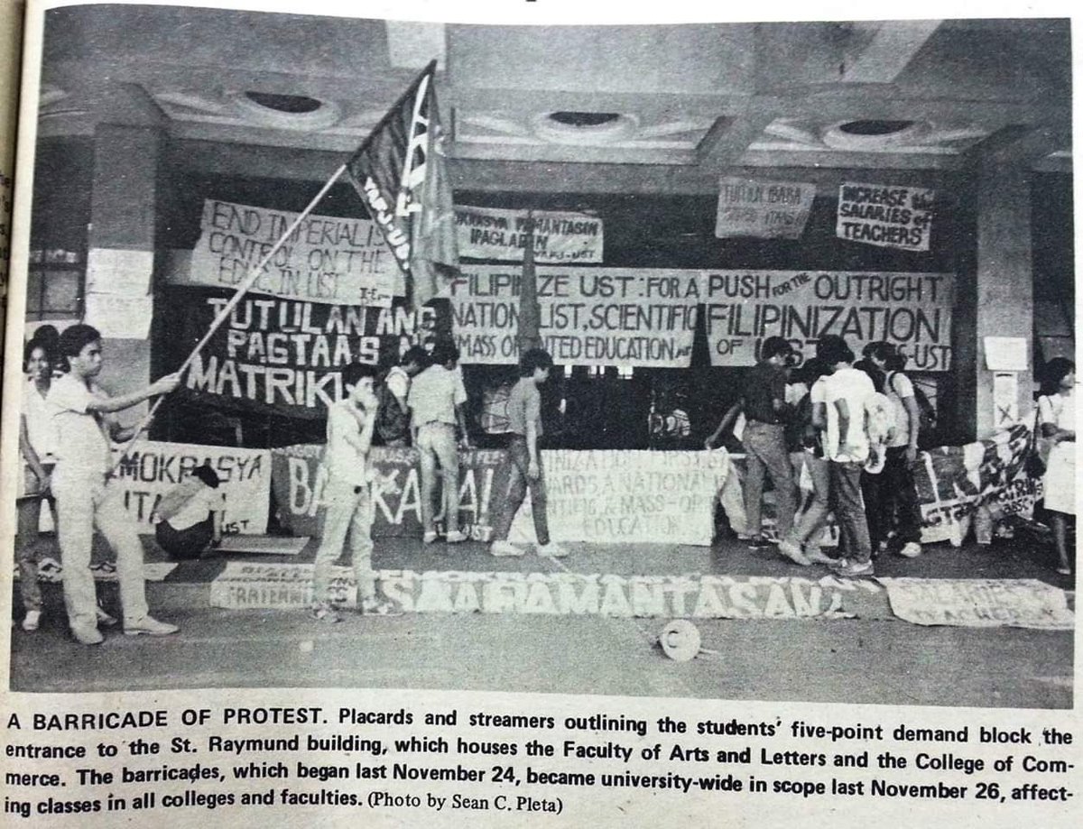 UST history tidbits: 

1&amp;2: Students staged demonstrations and demanded for Filipinization— a call for an overhaul of University administrators. (1970) 

3: "Demokrasya at Kalayaan sa Pamantasan" sprawled on the sidewalk in front of St. Raymund Building. (1980) 🧵