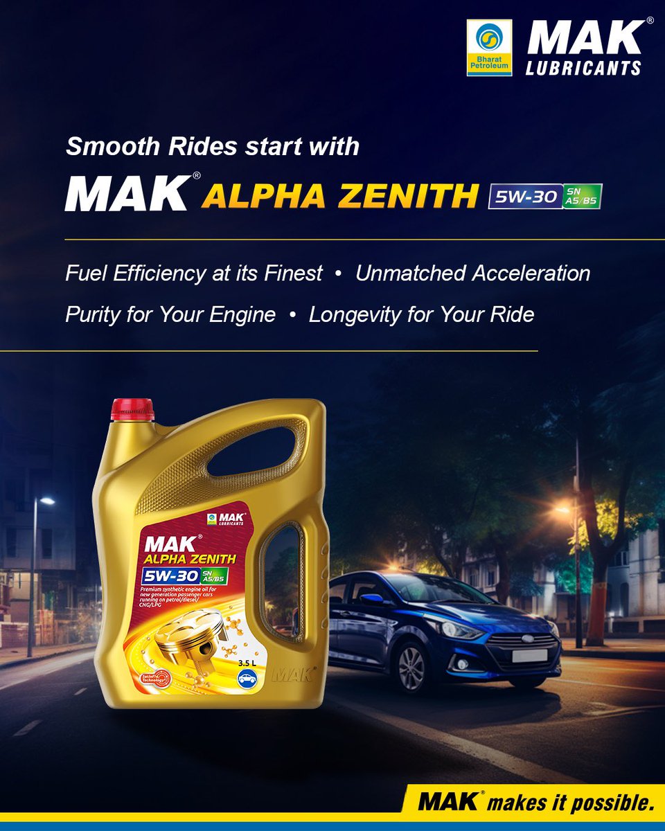 #MAKALPHAZENITH 5W-30, the synthetic #engineoil, meticulously crafted to meet the high-performance demands of modern #passengercars running on petrol, diesel, CNG, or LPG. 
#CarCare #VehicleMaintenance #EngineProtection #MAKLubricants #petrolcar #dieselcar #cngcar #lpgcar #suv