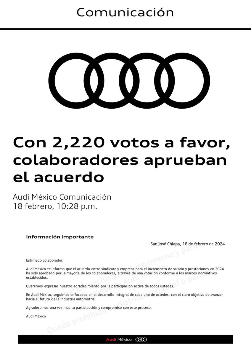 AlcanceDiario's tweet photo. 🚨⏰ #ÚltimaHora 
@AudideMexico emite calendario para  que sus empleados regresen a trabajar tras el levantamiento de la huelga. https://t.co/q6zw7ZbXUV