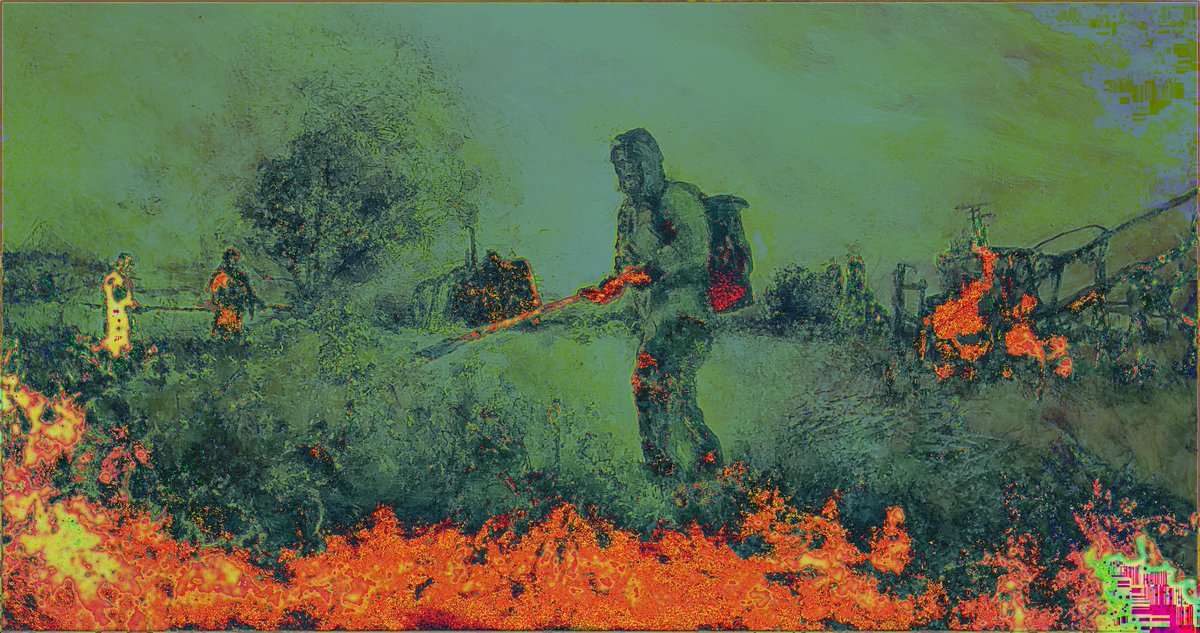 PDcafargo's tweet photo. The Harvest. From the Long Emergency series. 2024: Original painting, scanned & modified with 2D filters.
https://t.co/fHI4j5yz6u
#art #painting #2D #Filterforge #LongEmergency #agriculture #Cafargo https://t.co/upXIrqu5WY