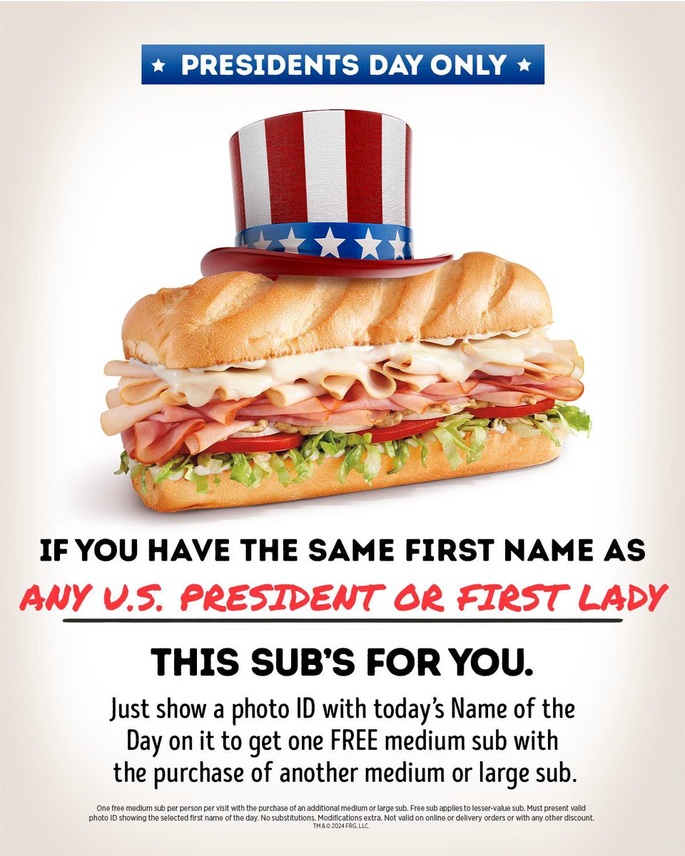 Today, we’re saluting everyone with the same first name as any U.S. president or first lady! If that’s you, show your photo ID at any participating Firehouse Subs restaurant and enjoy a FREE medium sub with purchase of a medium or large sub. #PresidentsDay #FirehouseSubs #FHSNOTD