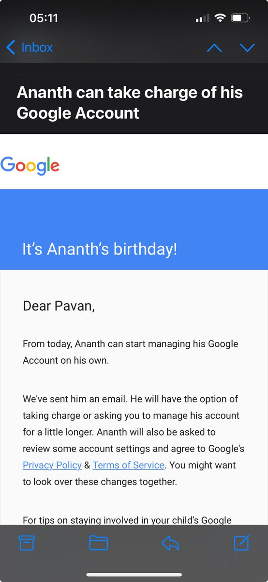 He turned 13 today! And ⁦<a href="/Google/">Google</a>⁩ wants him to review the privacy policy etc!! Really😱